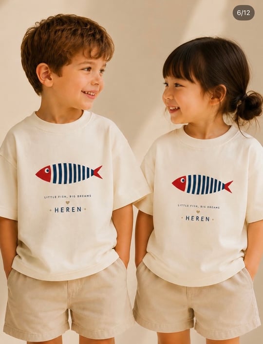 Unisex Balıklı Tshirt  - Ekru
