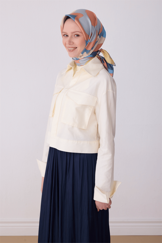 Çok Renkli Çiçek Desen %100 Twill İpek Eşarp 4306 - 07