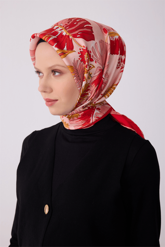 Çok Renkli Çiçek Desen %100 Twill İpek Eşarp 4323 - 52