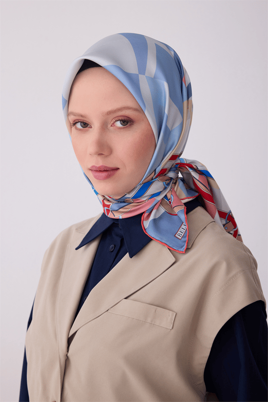 Çok Renkli Obje Desen %100 Twill İpek Eşarp 4300 - 35