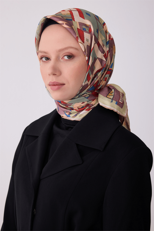 Çok Renkli Obje Desen %100 Twill İpek Eşarp 4307 - 34