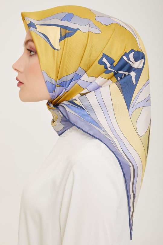 Sarı Lila Bej Soyut Desen %100 Twill İpek Eşarp 4017 - 80