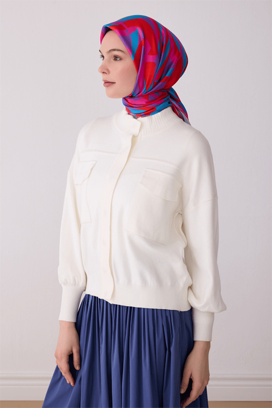 Çok Renkli Geometrik Desen %100 Twill İpek Eşarp 4327 - 20