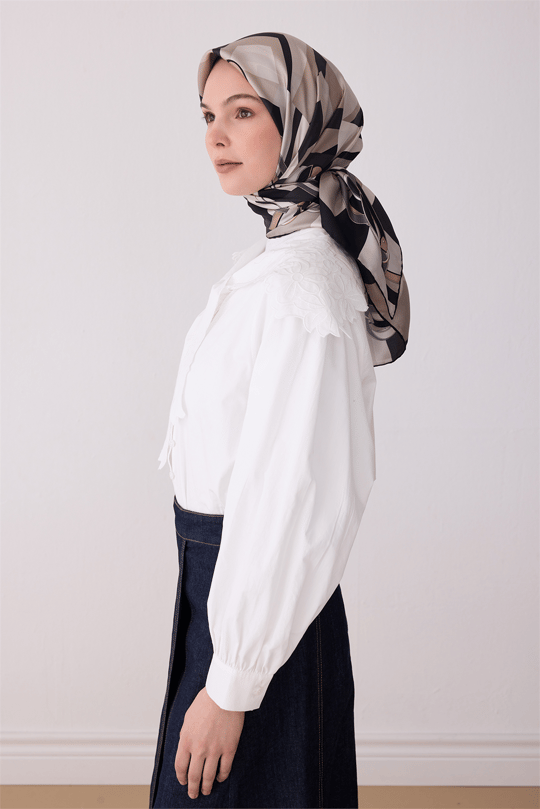 Bej Obje Desen %100 Twill İpek Eşarp 4300-85