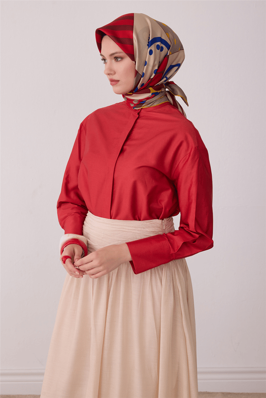 Bej Obje Desen %100 Twill İpek Eşarp 4409-81