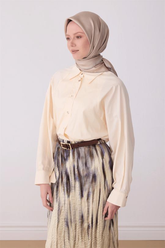 Belli Bej Klasik Desen %100 Twill İpek Eşarp 4305-82