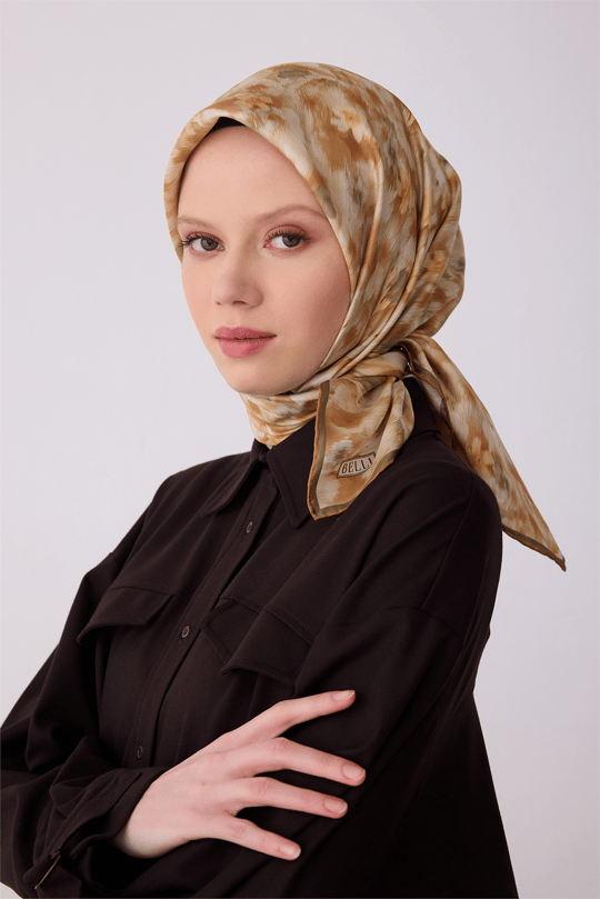 Belli Camel Çiçek Desen %100 Twill İpek Eşarp 4319-06