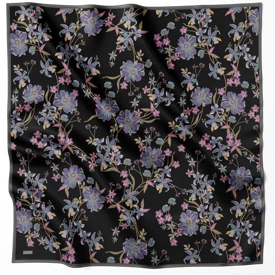 BELLİ ÇİÇEK DESEN İPEK EŞARP 4210D (TWILL) SİYAH - 88