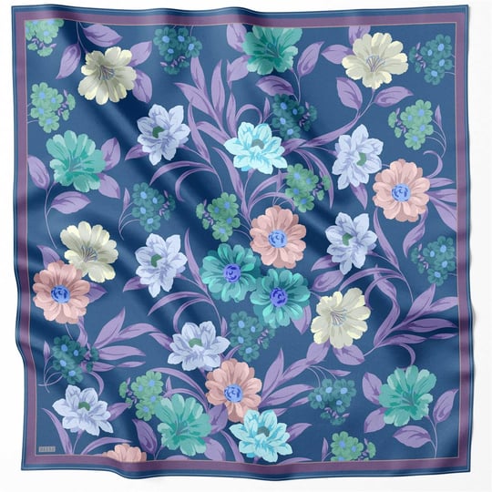 BELLİ ÇİÇEK DESEN İPEK EŞARP 4219D (TWILL) MAVİ MOR - 57