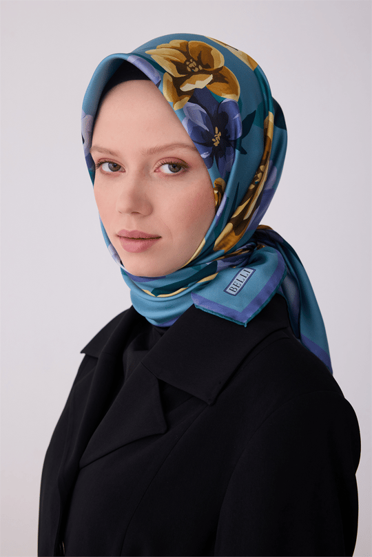 Belli Çok Renkli Çiçek Desen %100 Twill İpek Eşarp 4330-82