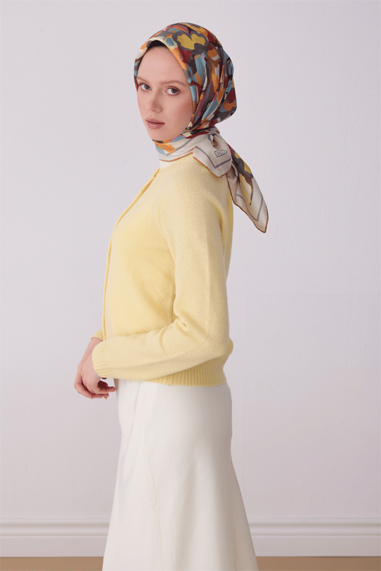 Belli Çok Renkli Çiçek Desen %100 Twill İpek Eşarp 4312-84