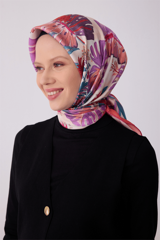 Belli Çok Renkli Çiçek Desen %100 Twill İpek Eşarp 4323-82