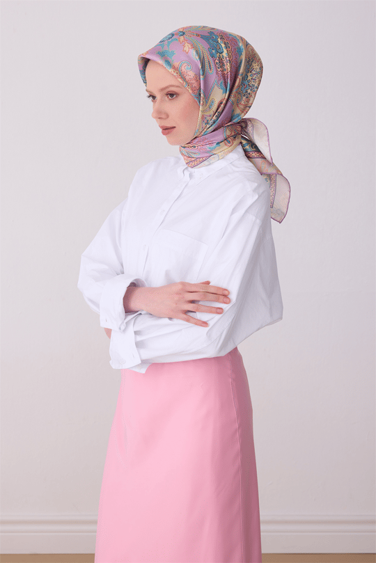 Belli Çok Renkli Etnik Desen %100 Twill İpek Eşarp 4304-80
