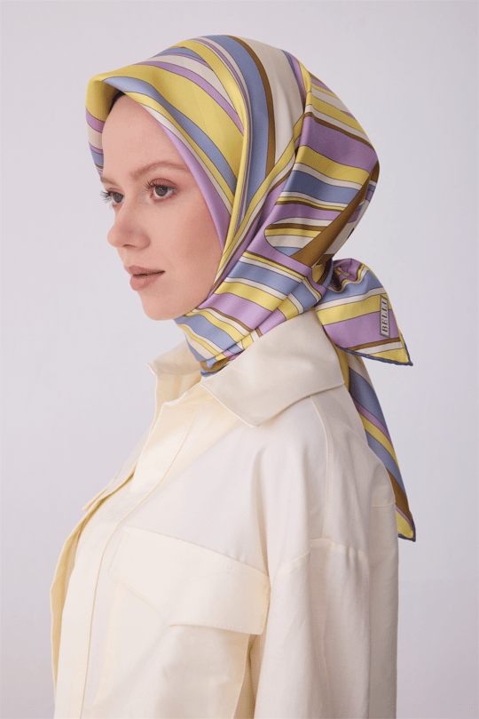 Belli Çok Renkli Geometrik Desen %100 Twill İpek Eşarp 4311-03