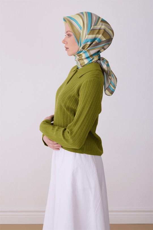 Belli Çok Renkli Geometrik Desen %100 Twill İpek Eşarp 4311-34