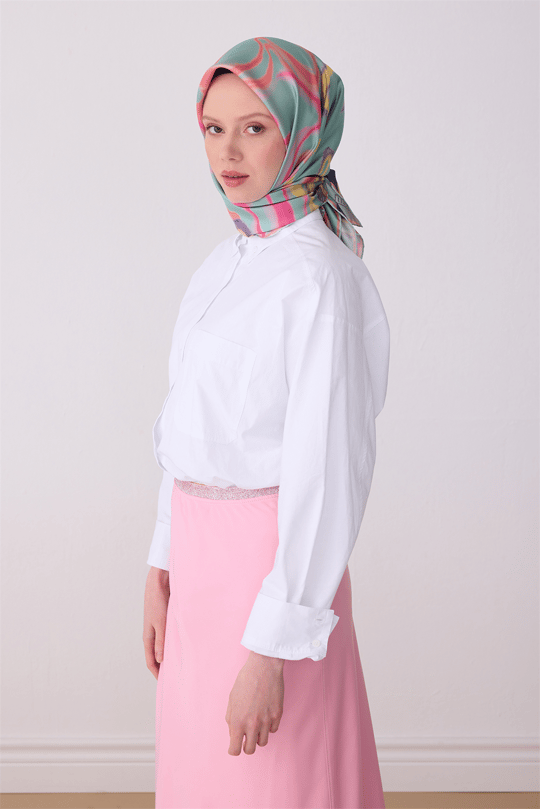 Belli Çok Renkli Soyut Desen %100 Twill İpek Eşarp 4301-52
