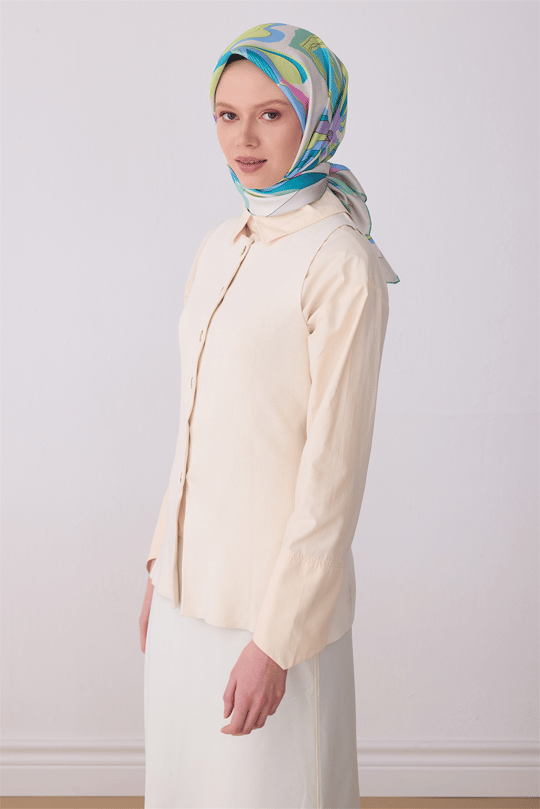 Belli Çok Renkli Soyut Desen %100 Twill İpek Eşarp 4318-01