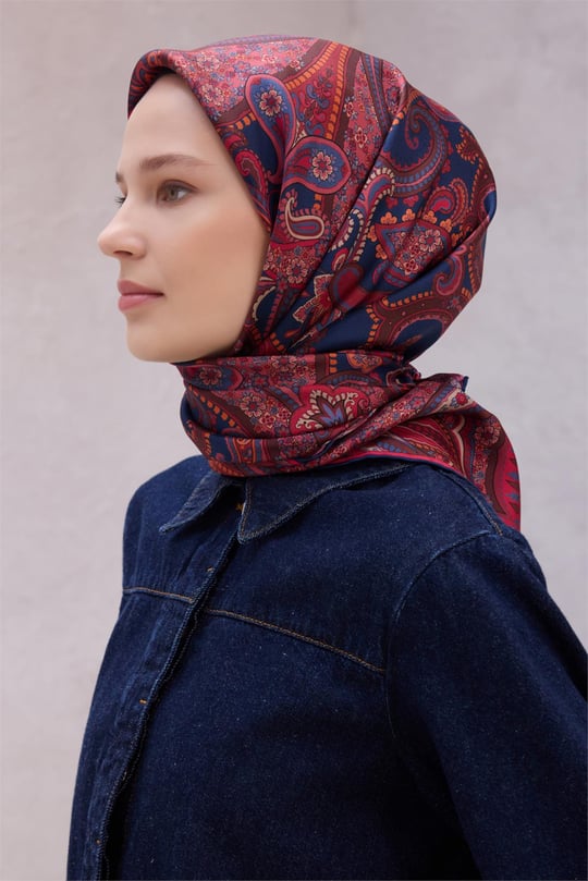 {URUNSEO_TITLE} | BELLI | BELLİ İPEK EŞARP | BELLİ ETNİK DESEN İPEK EŞARP 4202D (TWILL) BORDO LACİVERT - 80