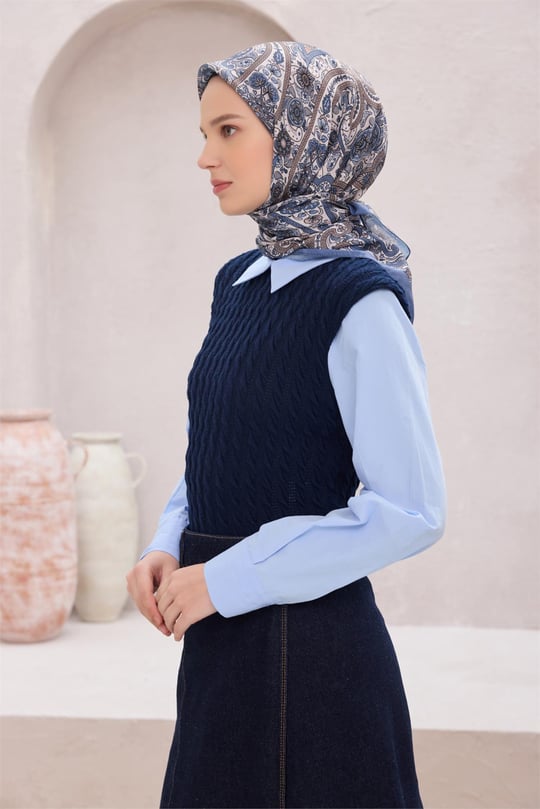 {URUNSEO_TITLE} | BELLI | POLYESTER EŞARP | BELLİ ETNİK DESEN PREMIUM SOFT İNDİGO EŞARP 4