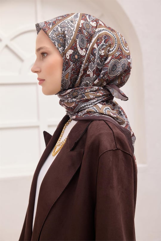 {URUNSEO_TITLE} | BELLI | POLYESTER EŞARP | BELLİ ETNİK DESEN PREMIUM SOFT KAHVE EŞARP 4