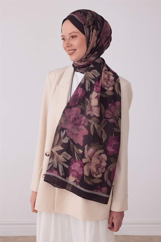 Belli Fresh Etnik Desen Siyah Gül Kurusu Bej Sanda Şal 1362 - 33