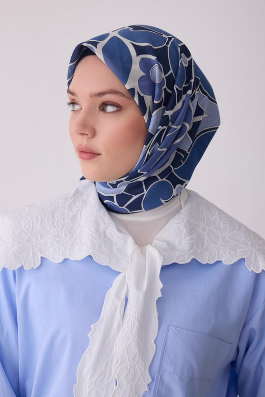 Belli Fresh İndigo Mavi Etnik Desen Vual Eşarp 3287 - 23