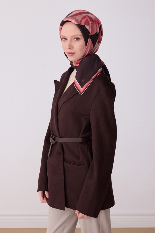 Belli Kahverengi Çiçek Desen %100 Twill İpek Eşarp 4303-35