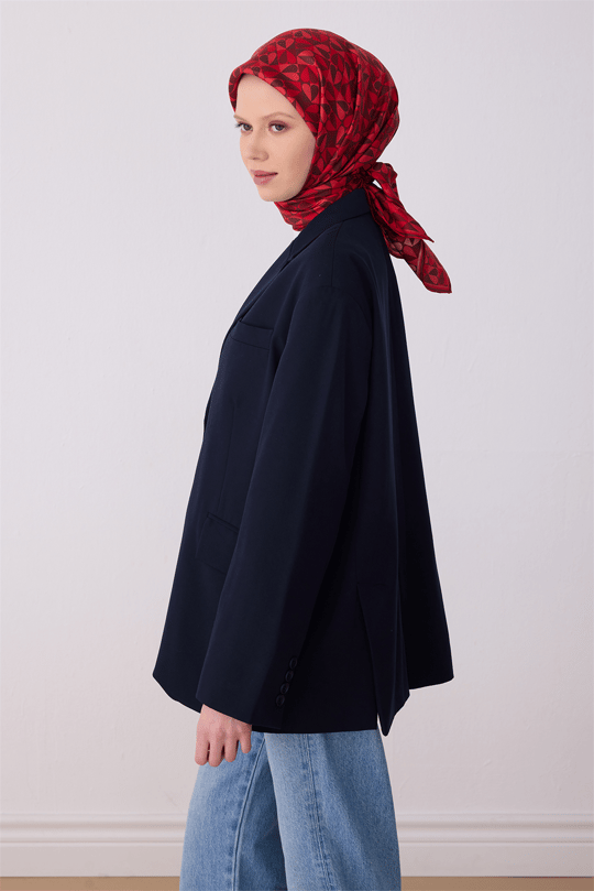 Belli Kırmızı Obje Desen %100 Twill İpek Eşarp 4322-84
