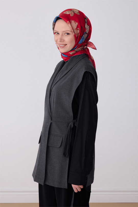Belli Kırmızı Obje Desen %100 Twill İpek Eşarp 4329-83