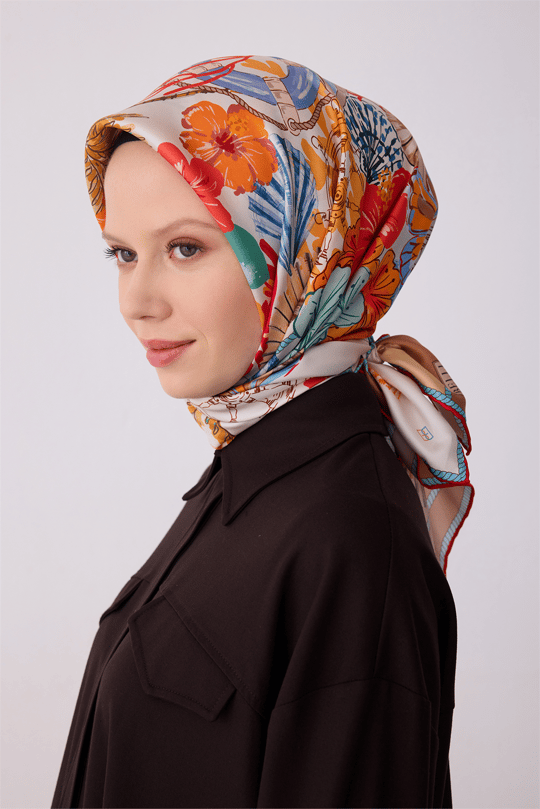 Belli Kırmızı Obje Desen %100 Twill İpek Eşarp 4324-03