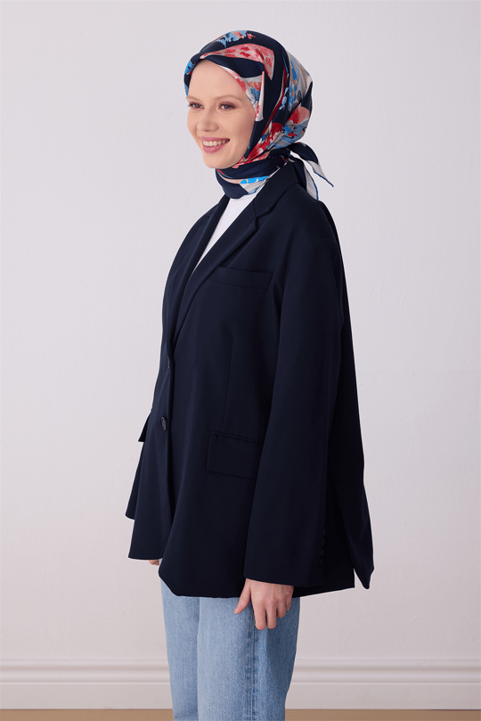 Belli Lacivert Obje Desen %100 Twill İpek Eşarp 4316-02