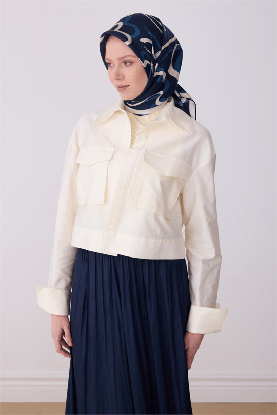 Belli Lacivert Soyut Desen %100 Twill İpek Eşarp 4309-34