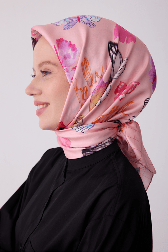 Belli Pembe Obje Desen %100 Twill İpek Eşarp 4329-02