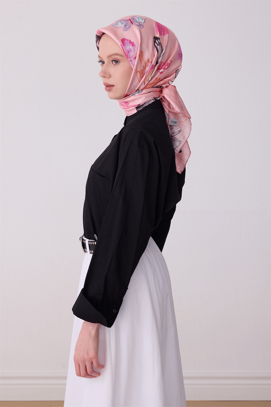 Belli Pembe Obje Desen %100 Twill İpek Eşarp 4329-02