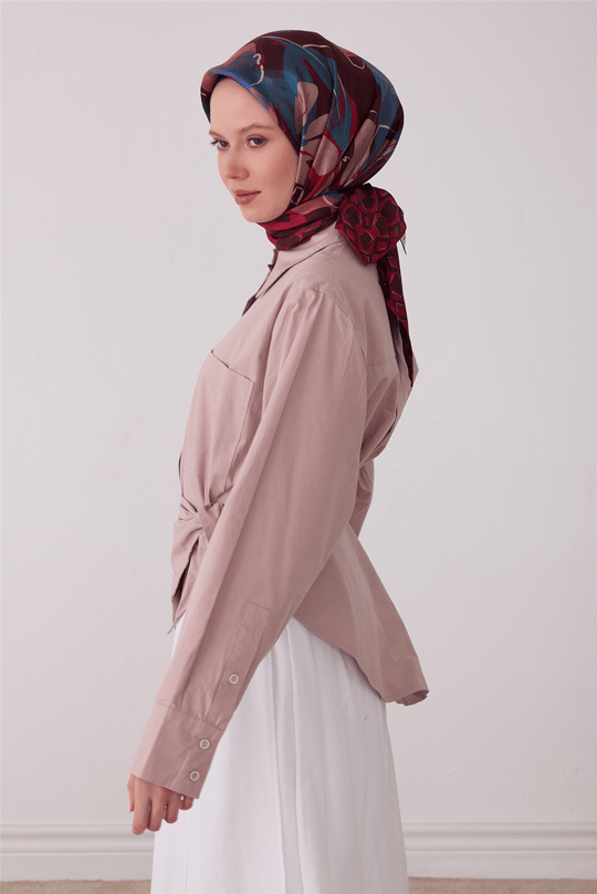 Bordo Çiçek Deseni %100 Twill İpek Eşarp 4426-80