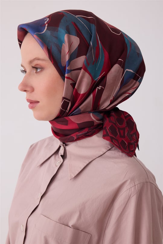 Bordo Çiçek Deseni %100 Twill İpek Eşarp 4426-80
