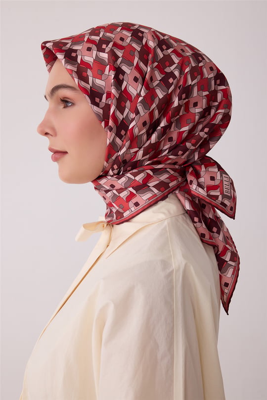 Bordo Geometrik Desen %100 Twill İpek Eşarp 4402-03