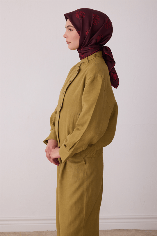 Bordo Geometrik Desen %100 Twill İpek Eşarp 4427-31