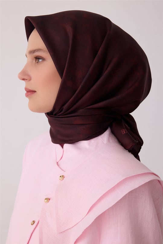 Bordo Soyut Desen %100 Twill İpek Eşarp 4428-35