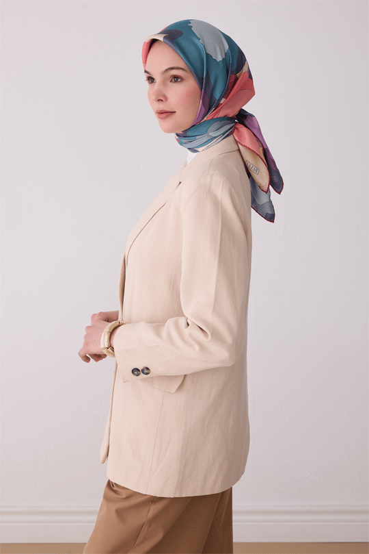 Çok Renkli Çiçek Desen %100 Twill İpek Eşarp 4306-84