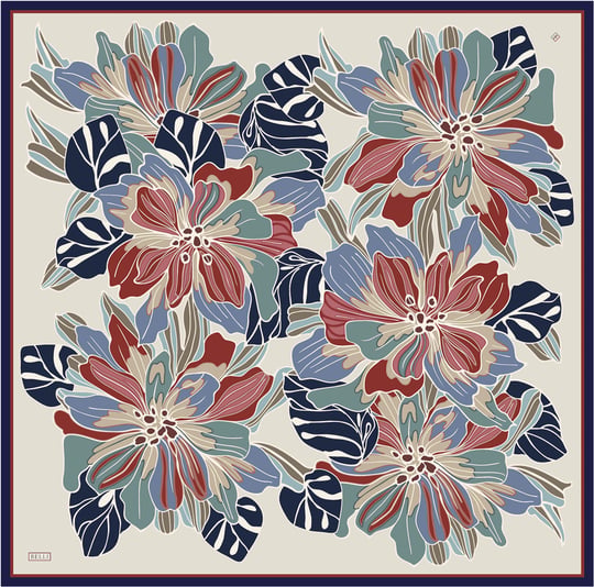 Ekru Çiçek Deseni %100 Twill İpek Eşarp 4413-32