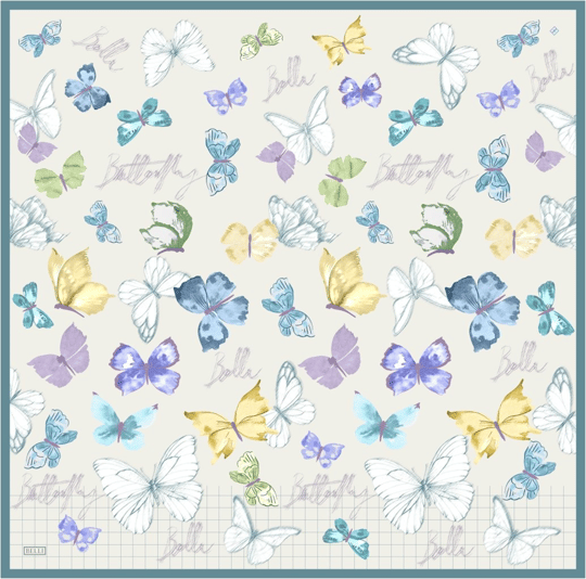 Ekru Mavi Obje Desen %100 Twill İpek Eşarp 4329-51