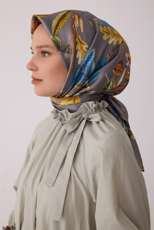 Gri Soyut Desen %100 Twill İpek Eşarp 4412-31
