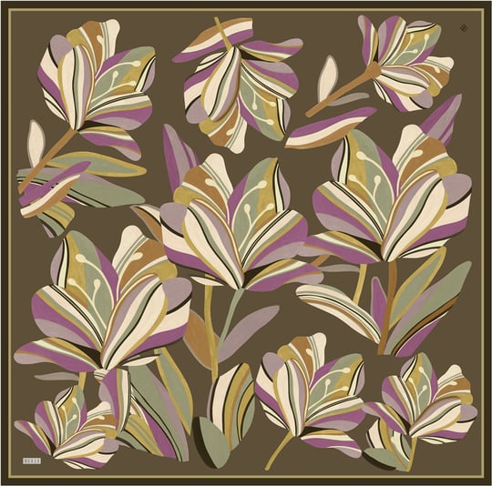 Haki Çiçek Deseni %100 Twill İpek Eşarp 4410-51