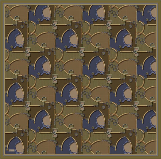 Haki Geometrik Desen %100 Twill İpek Eşarp 4400-81