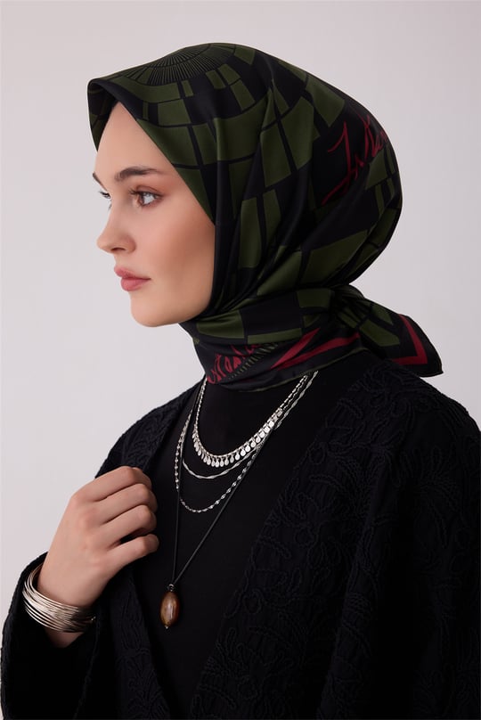Haki Siyah Geometrik Desen %100 Twill İpek Eşarp 4411-50