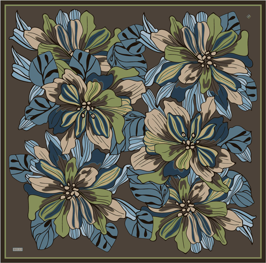 Kahverengi Çiçek Deseni %100 Twill İpek Eşarp 4413-54