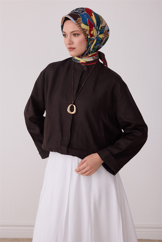 Kahverengi Çiçek Deseni %100 Twill İpek Eşarp 4413-83