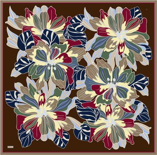 Kahverengi Çiçek Deseni %100 Twill İpek Eşarp 4413-83