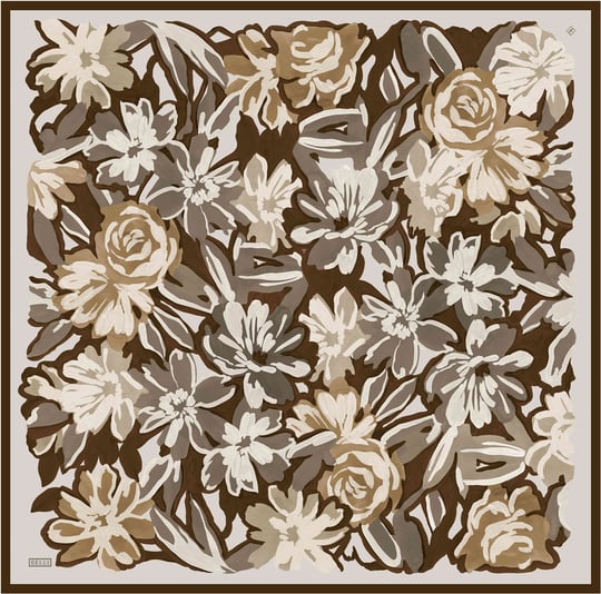 Kahverengi Çiçek Deseni %100 Twill İpek Eşarp 4416-85